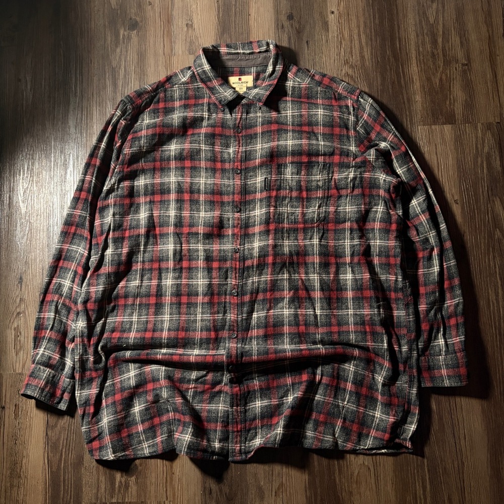 Woolrich Mens 3XLT Plaid Flannel Long Sleeve Button Up Shirt Red Gray White - Picture 1 of 5